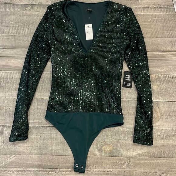 Green Express women’s NEW Sequin V-Neck Thong Bodysuit - Picture 1 of 15